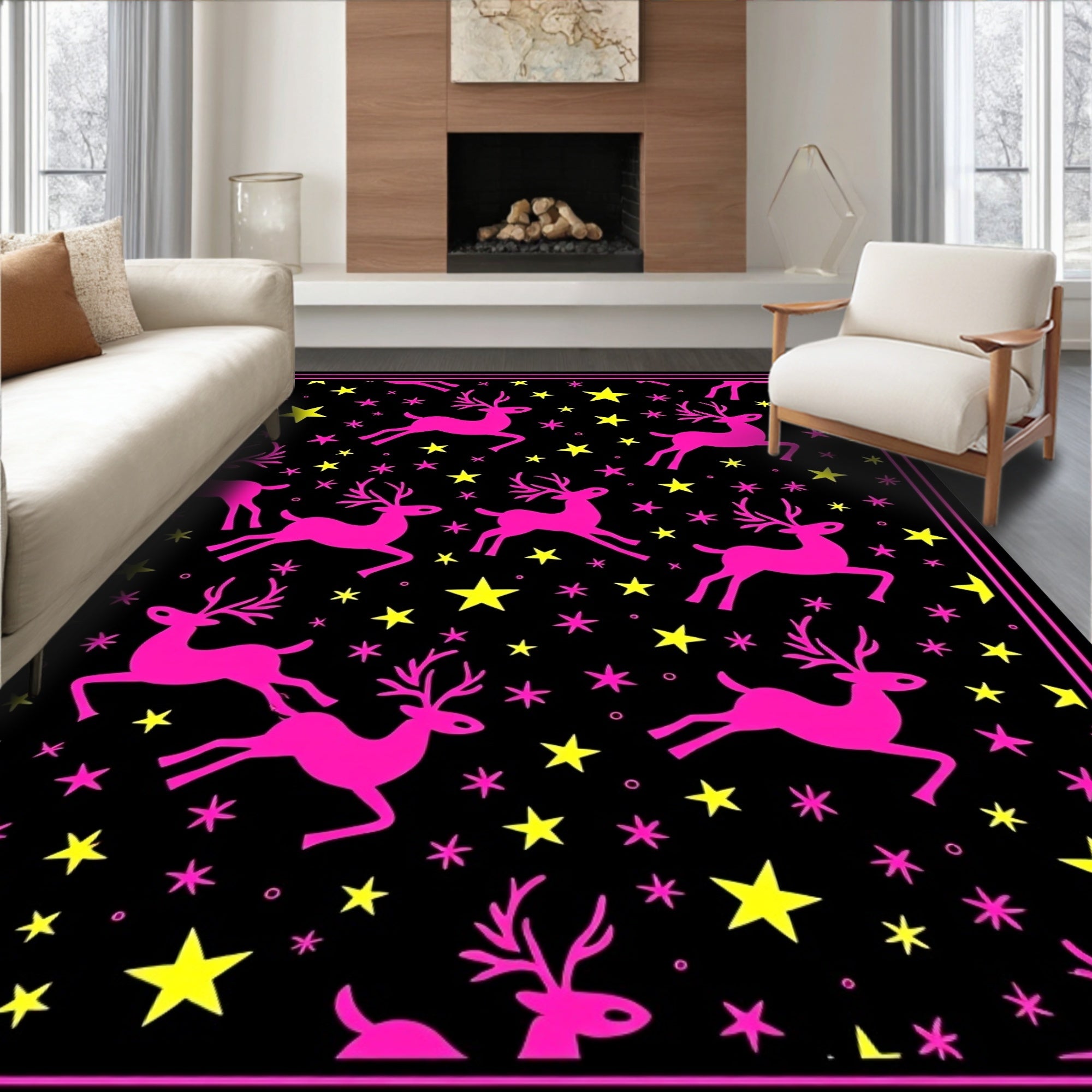 Vibrant Pink Reindeer Yellow Star Night Rug