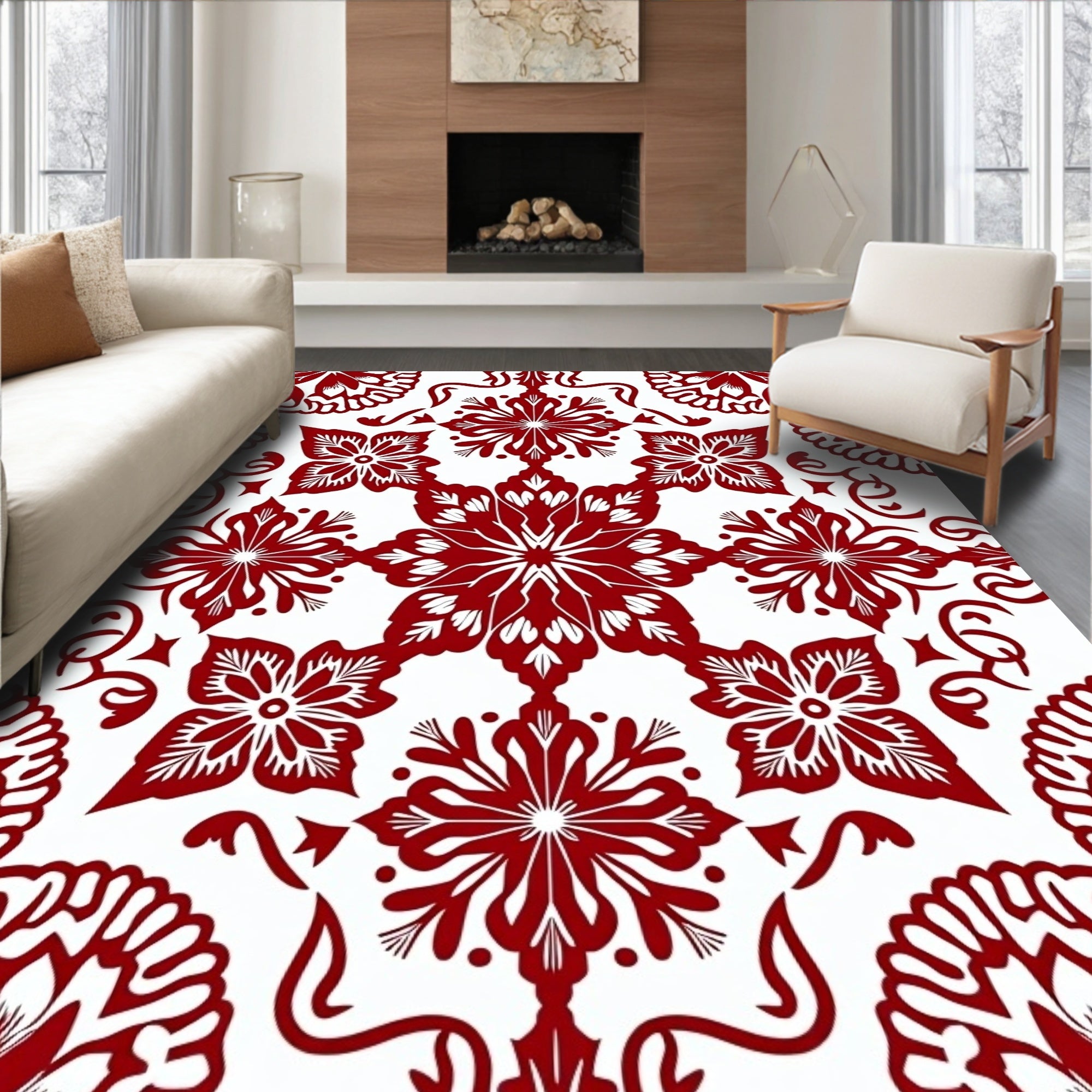 Rich Crimson Floral Medallion Arrangement Rug
