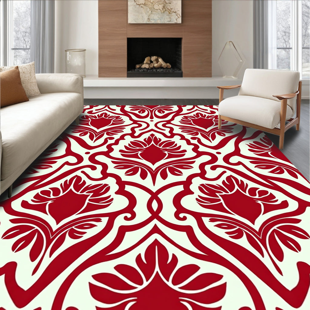 Crimson Floral Damask Medallion Rug