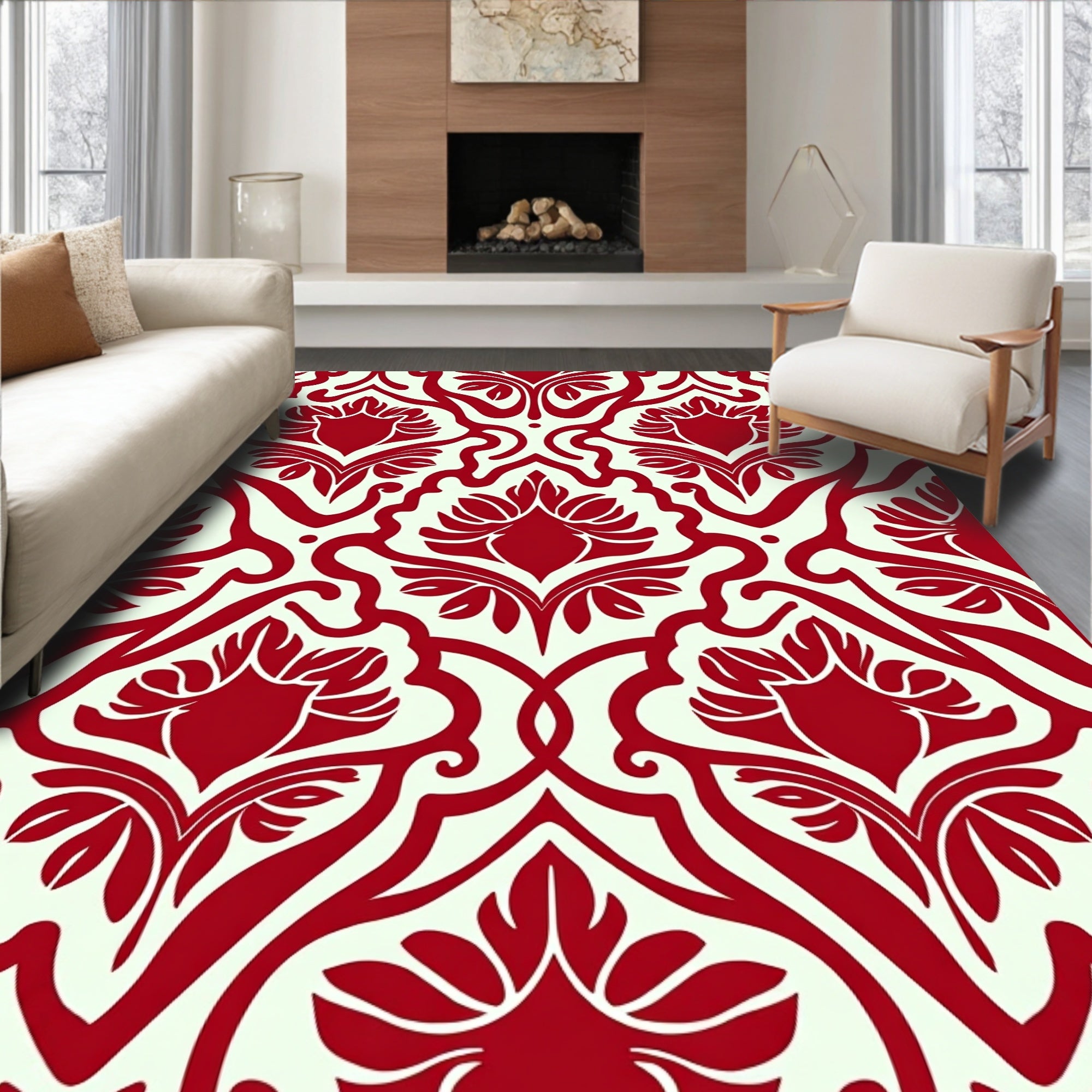 Crimson Floral Damask Medallion Rug