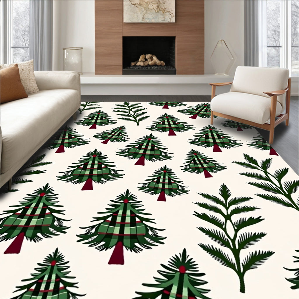 Green Plaid Evergreen Trees Scattered Rug