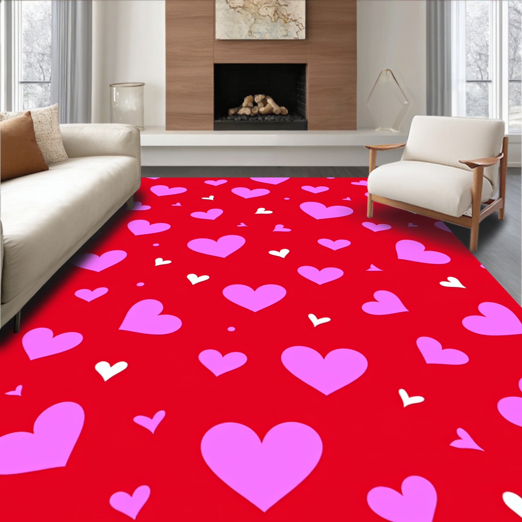 Red Pink White Scattered Hearts Rug