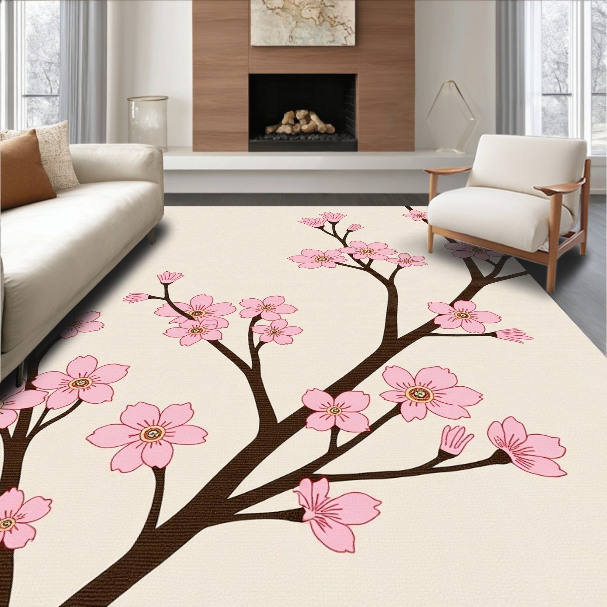 Blossom Pink Cherry Branch Ivory Rug