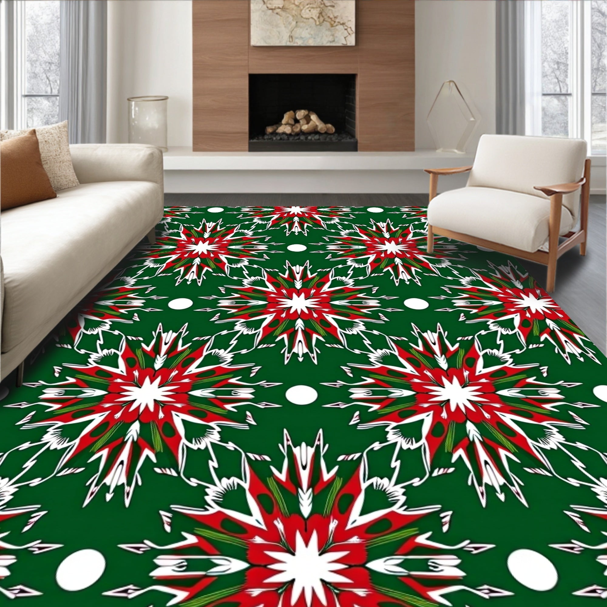 Green Red White Starburst Medallion Rug