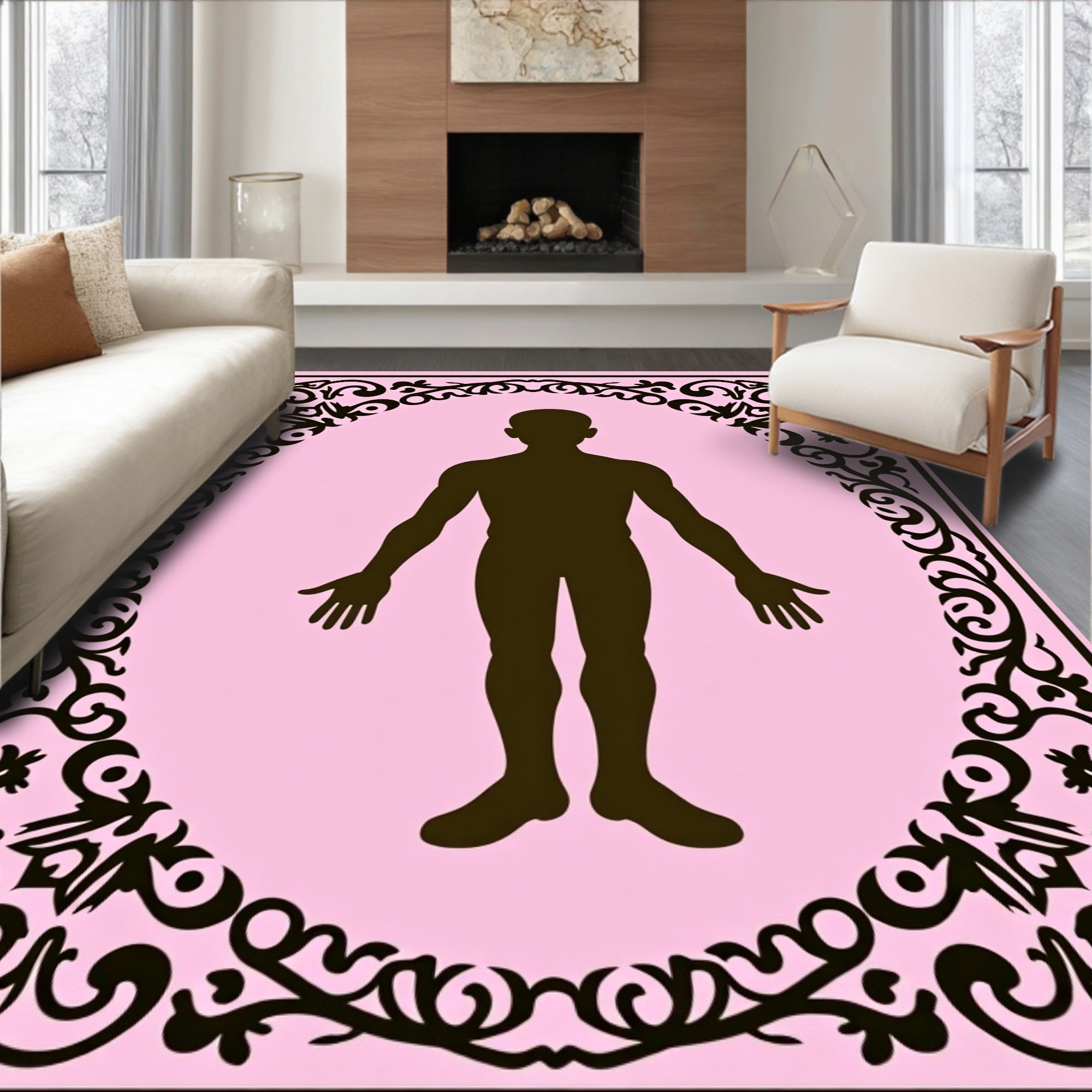 Black Silhouette Human Figure Oval Frame Rug