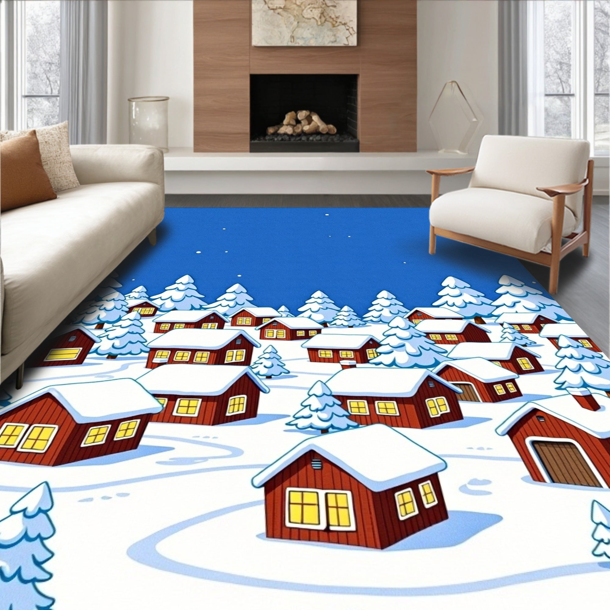 Cozy Snowy Village Scene Rug
