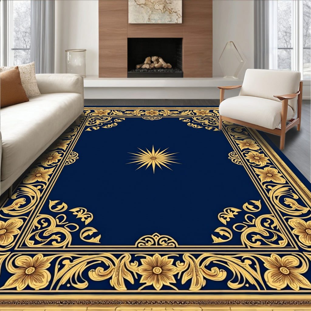 Ornate Gold Floral Indigo Sunburst Rug