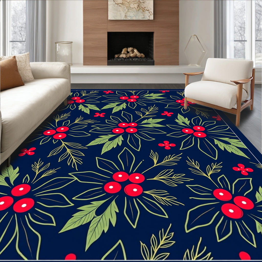 Festive Navy Red Holly Berry Rug