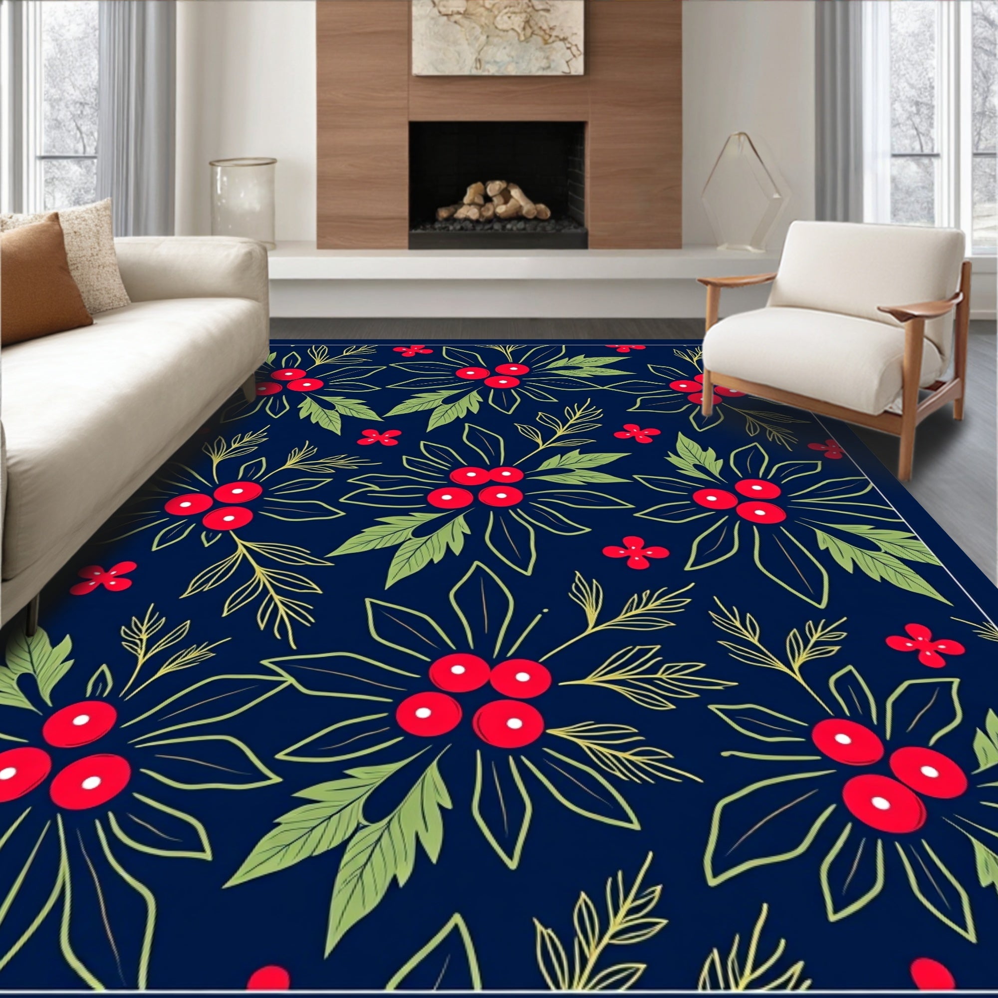 Festive Navy Red Holly Berry Rug