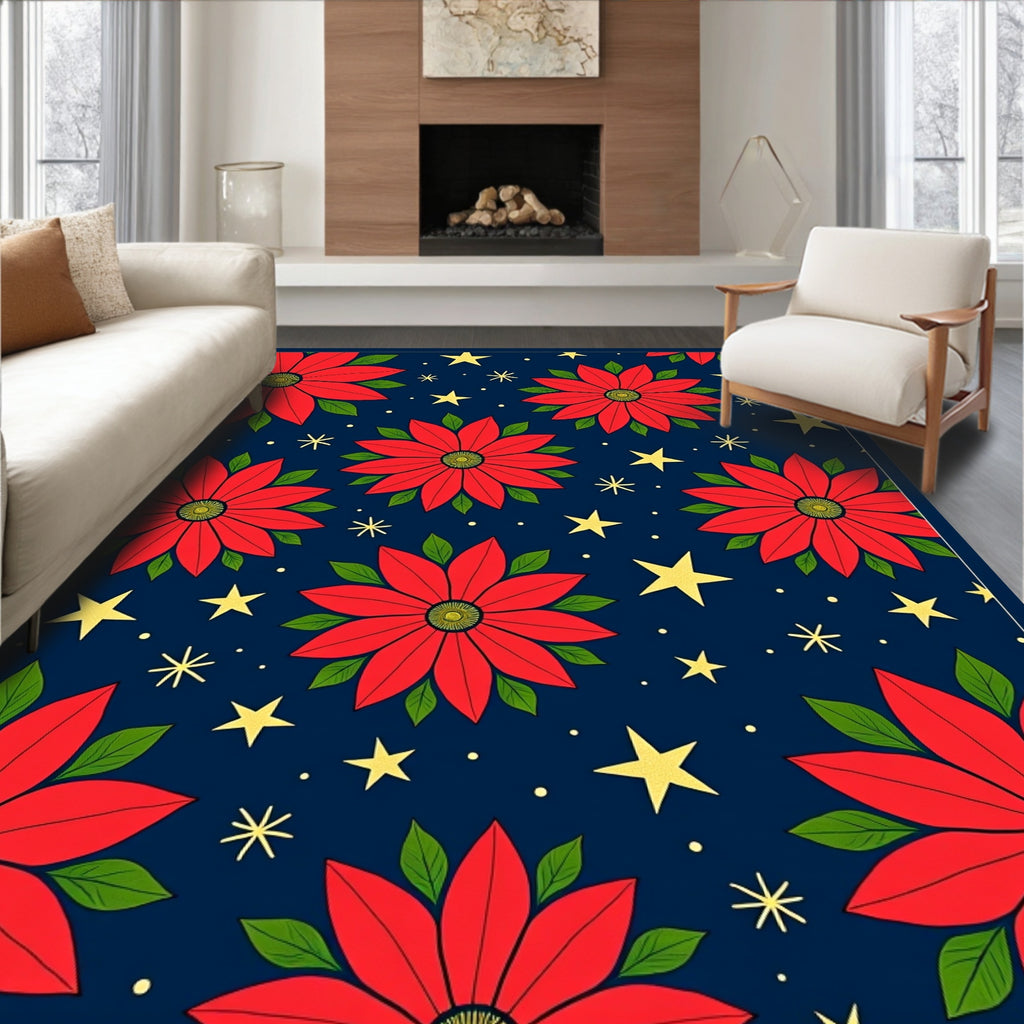 Bold Red Poinsettia Starry Night Rug