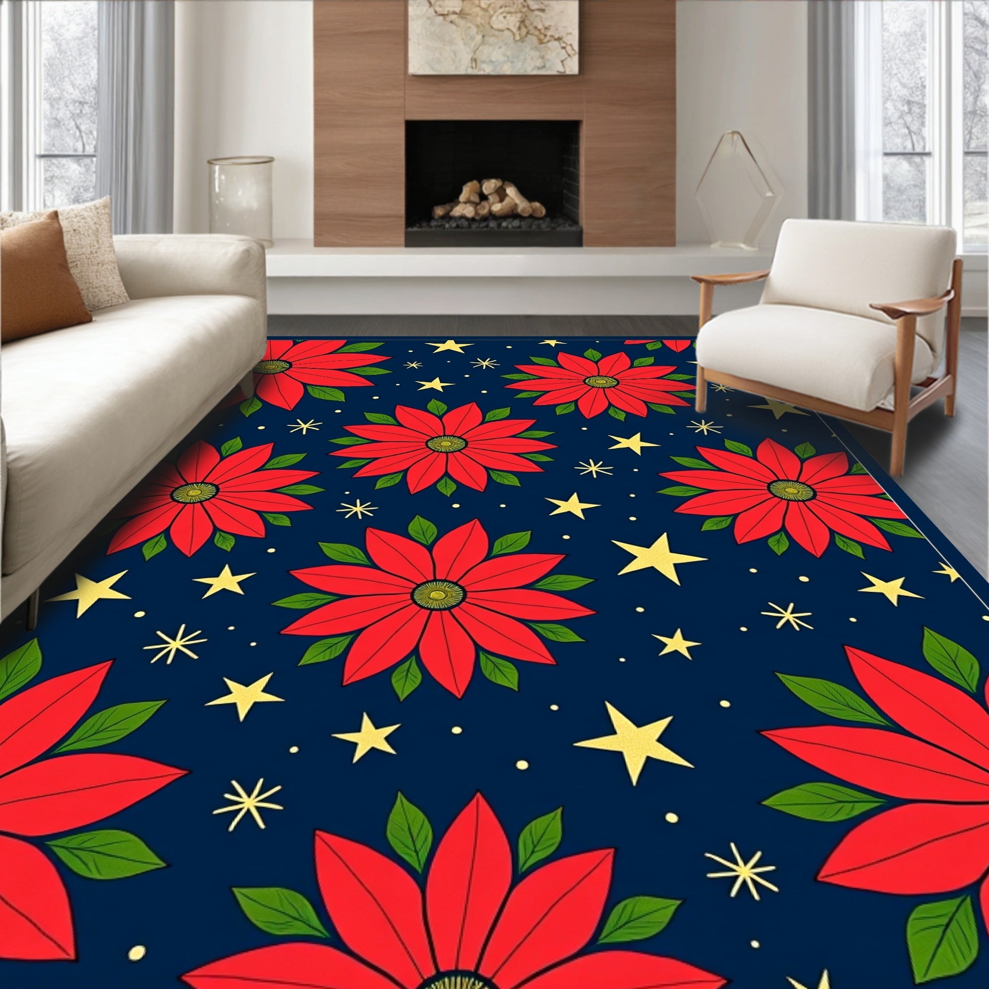 Bold Red Poinsettia Starry Night Rug