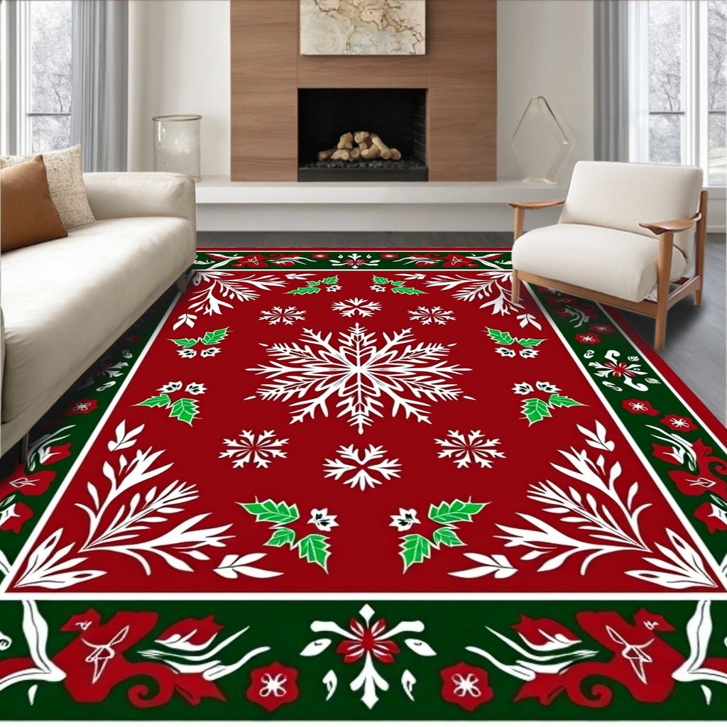 Festive Red Snowflake Holly Border Rug