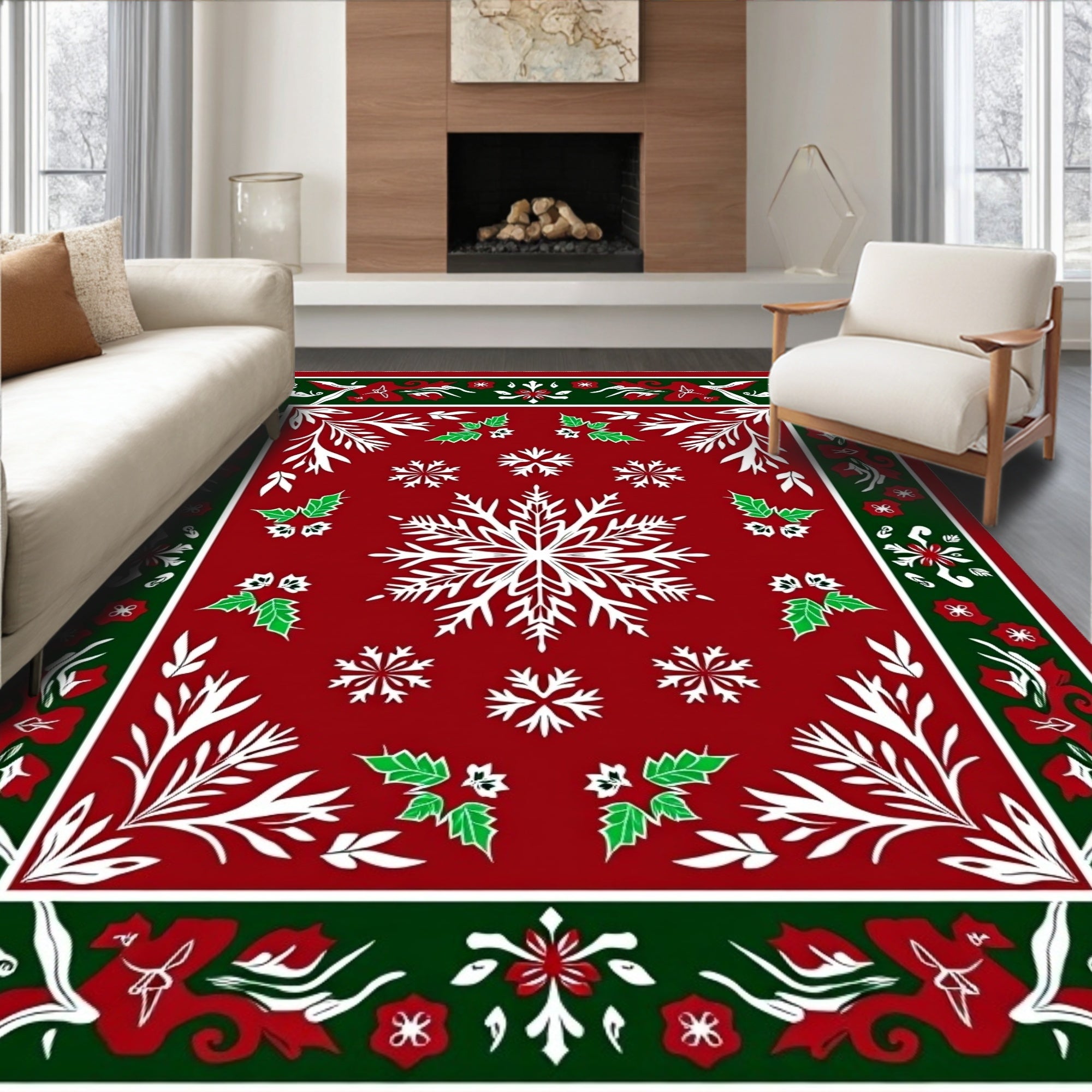 Festive Red Snowflake Holly Border Rug