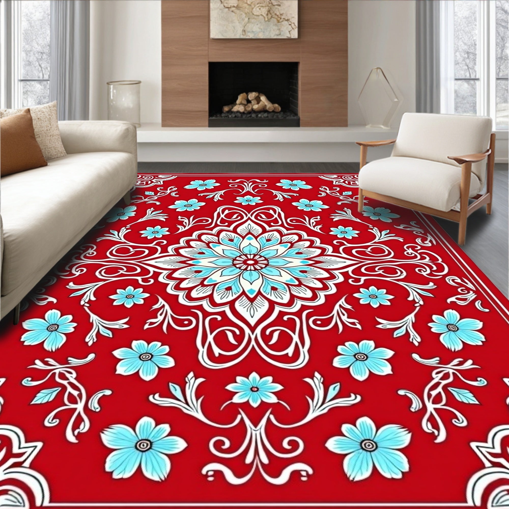Vibrant Red Floral Medallion Art Rug