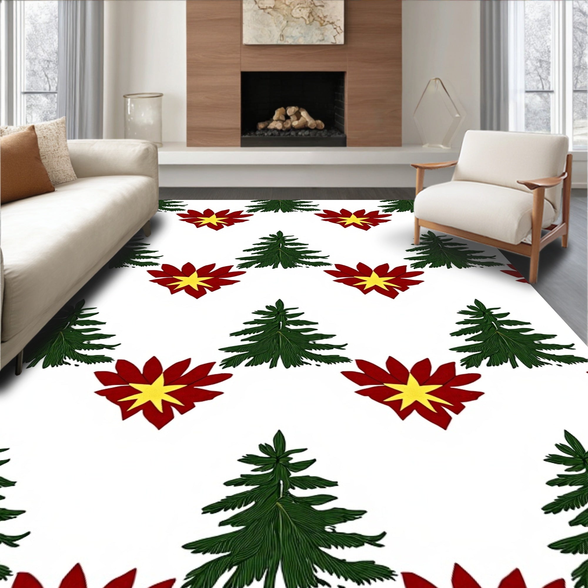 Green Pine Red Yellow Flower Repeating Rug