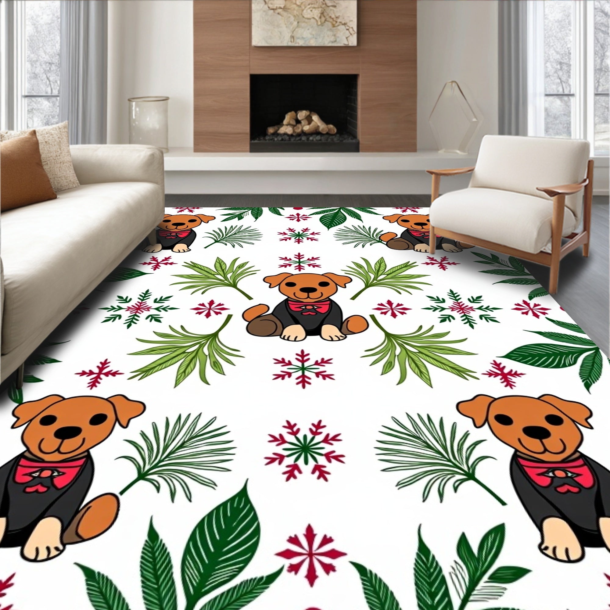Whimsical Red Bow Dog Snowflake Garden Rug