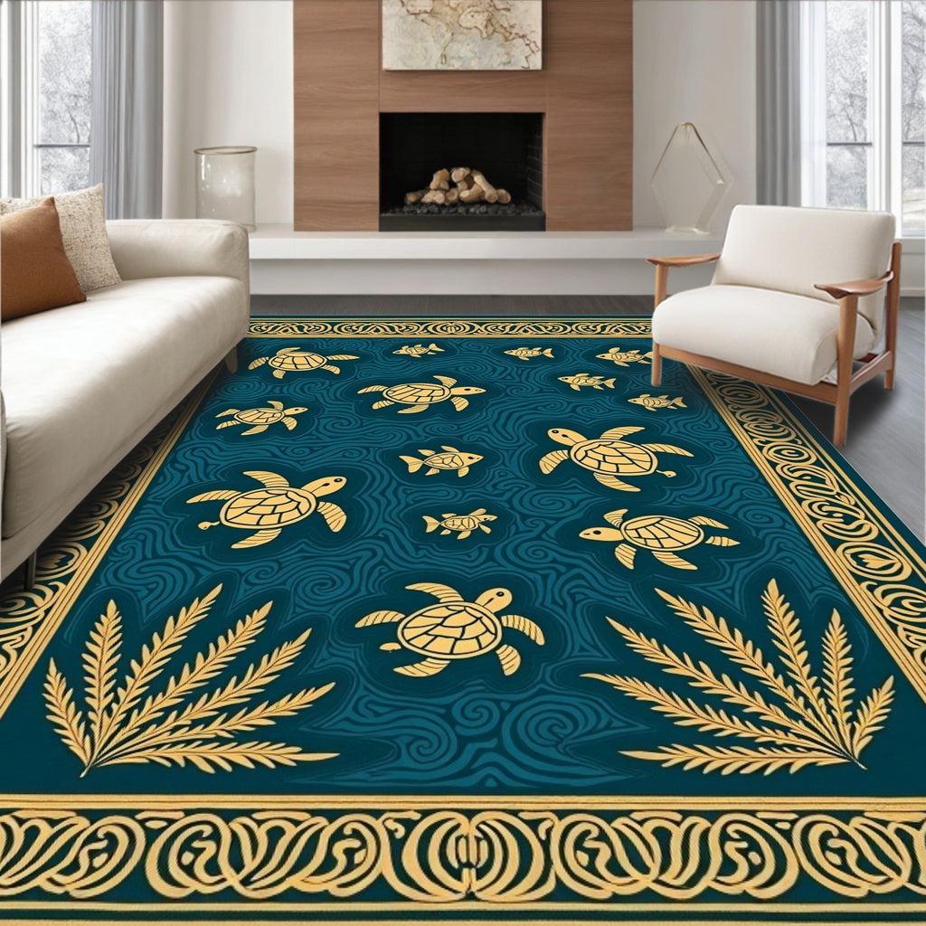 Golden Turtle Fish Ocean Border Rug