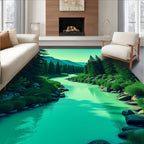 Emerald River Through Pine Forest Mountains Rug