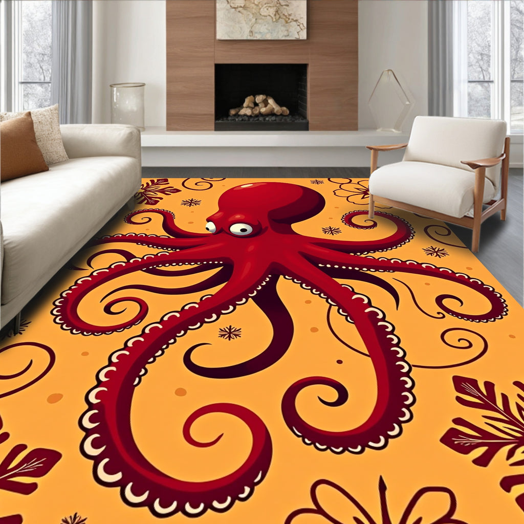 Crimson Octopus With Floral Swirls Rug