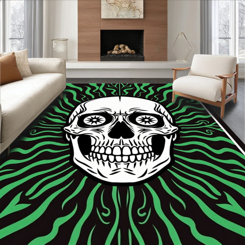 Black Green Skull Swirls Rug