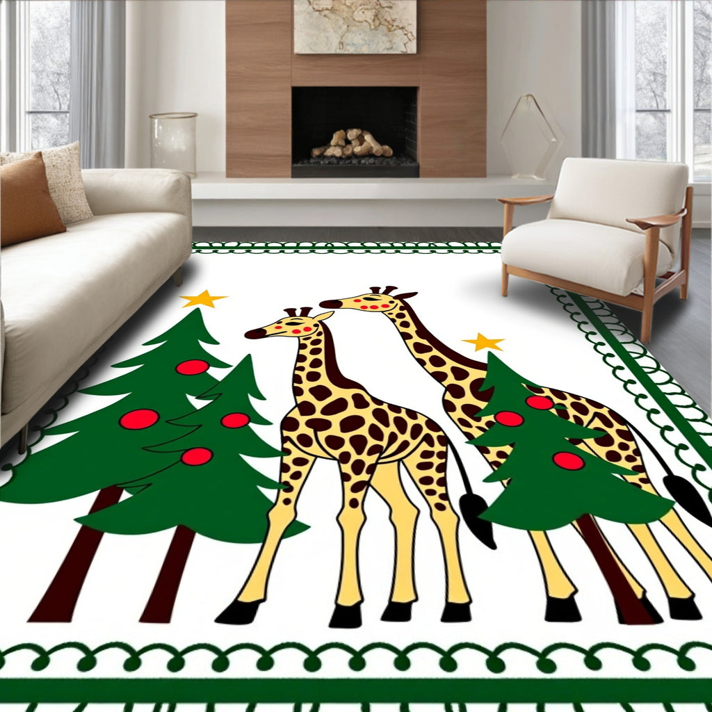 Whimsical Giraffe Christmas Tree Scene Rug