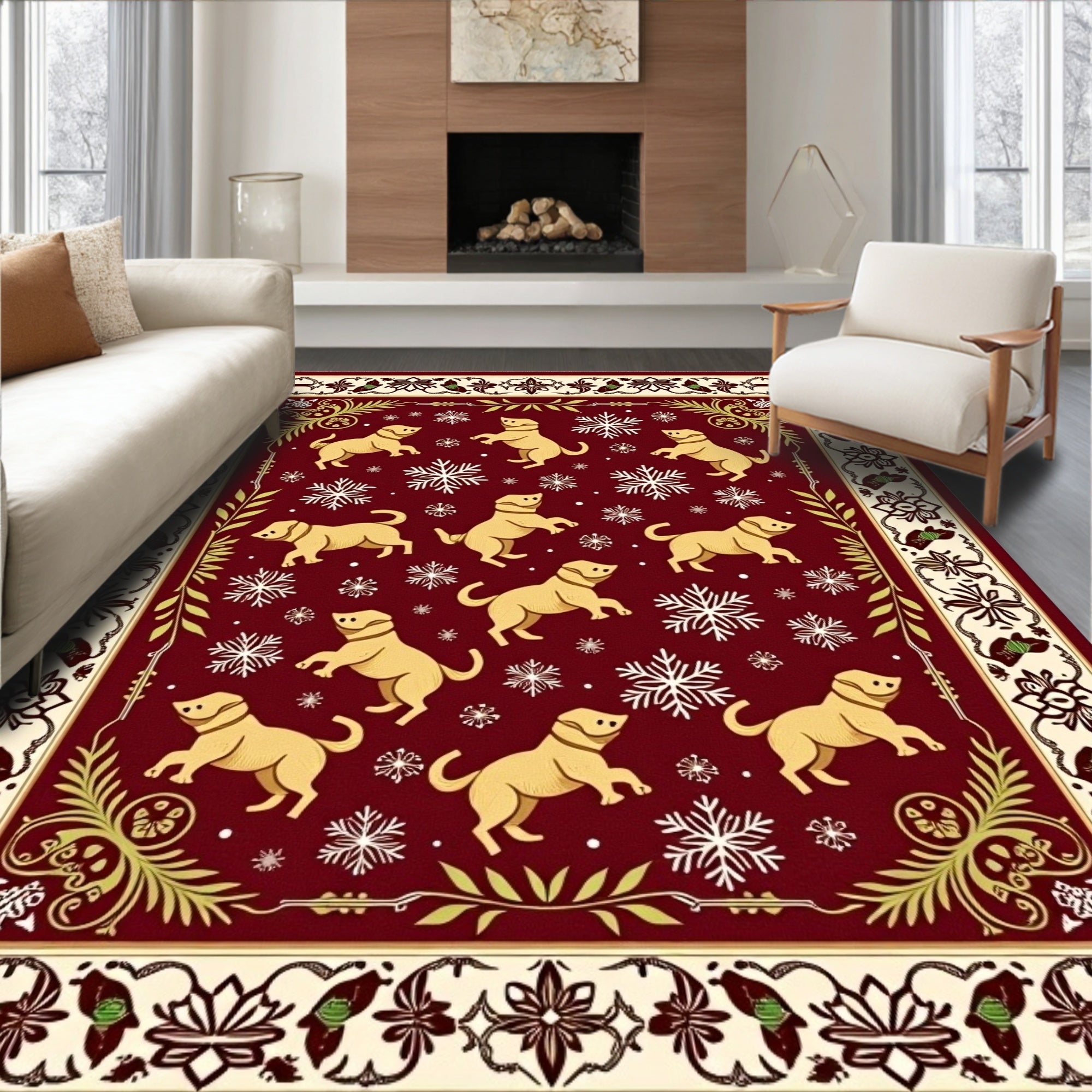 Burgundy Golden Dog Snowflakes Border Rug