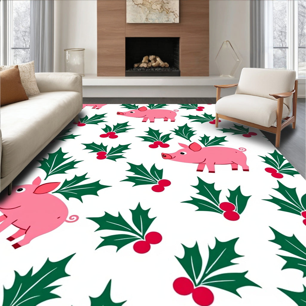 Pink Pig Holly Berry Illustration Rug