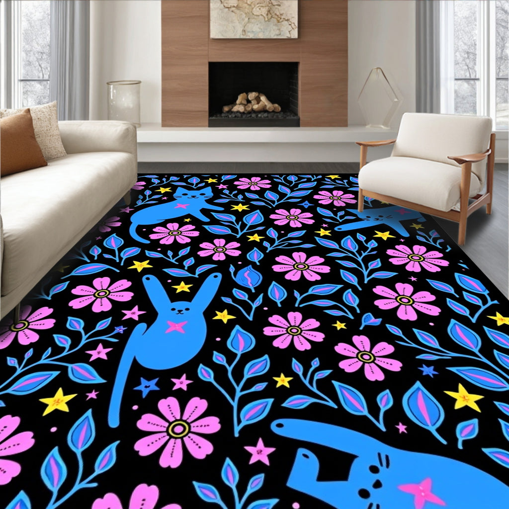 Whimsical Blue Cats Pink Flowers Rug