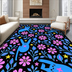 Whimsical Blue Cats Pink Flowers Rug