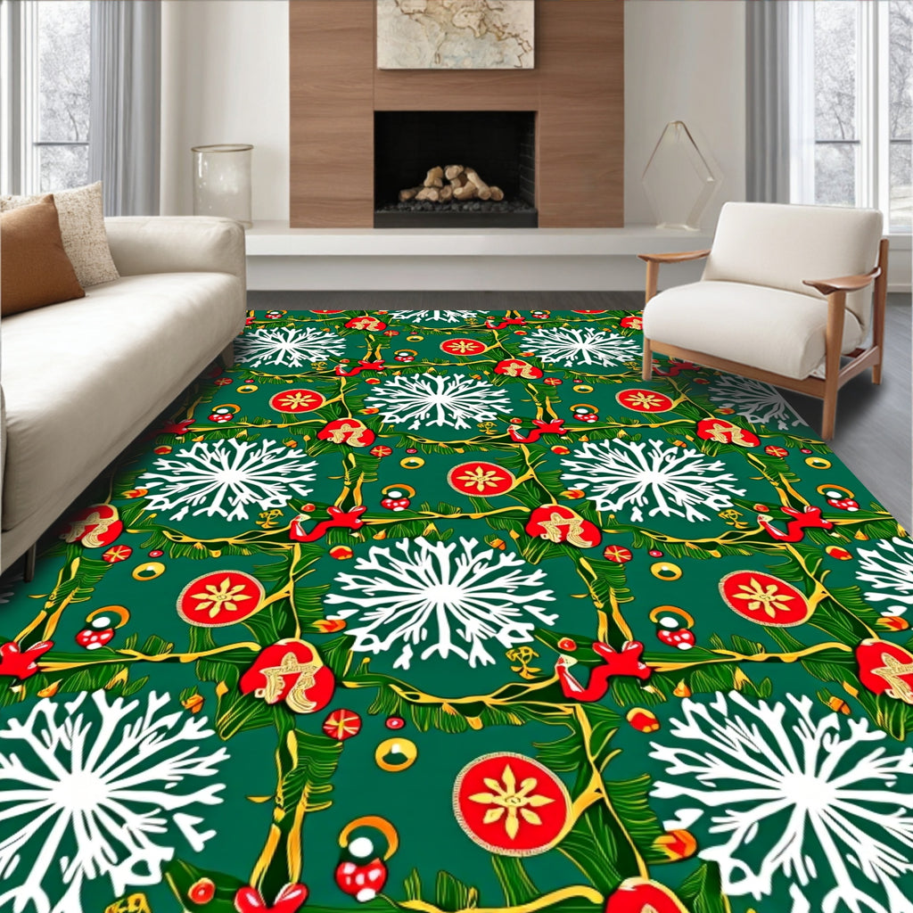 Green Christmas Snowflakes Ornaments Border Rug