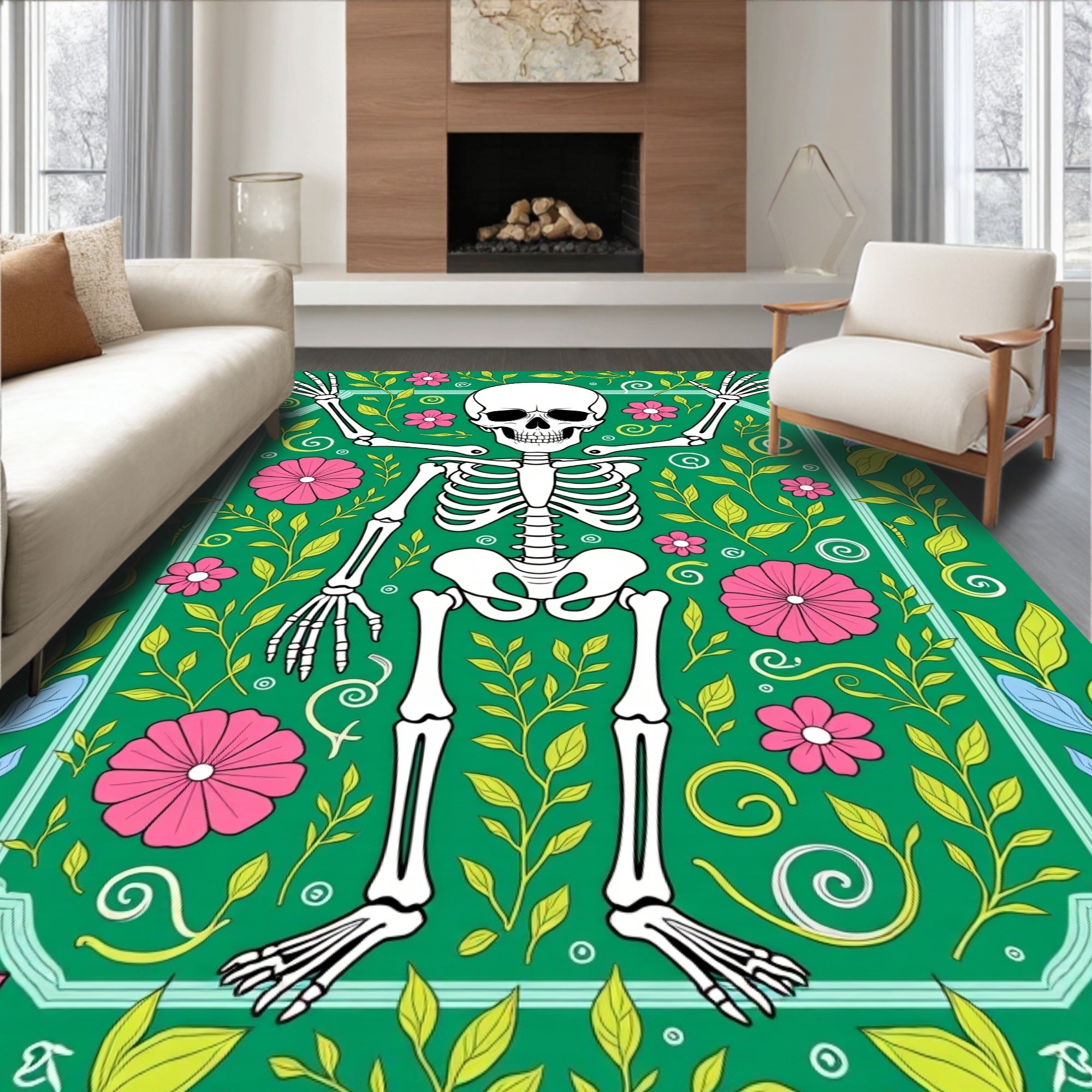 Green Skeleton Floral Garden Rug