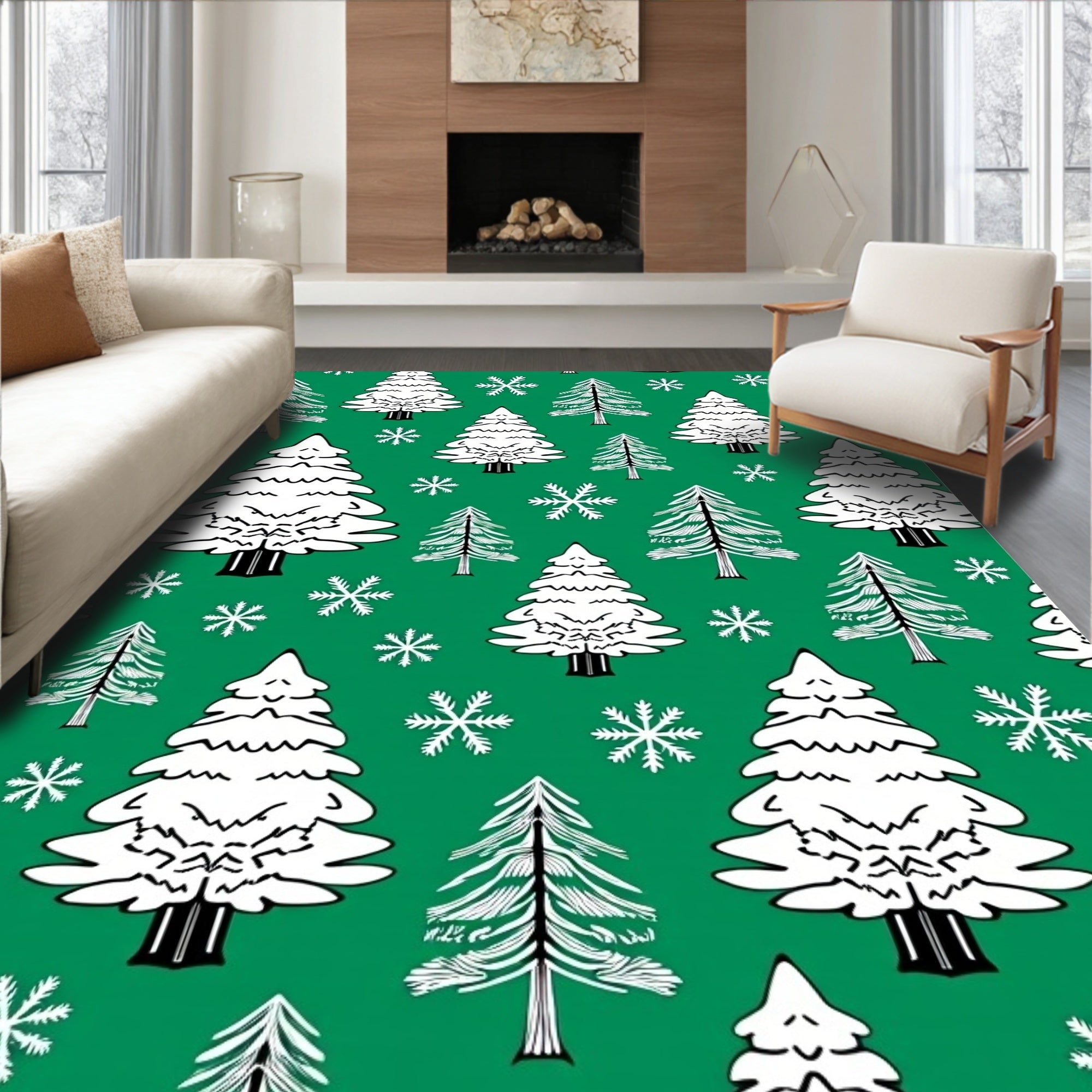 Emerald Green Winter Evergreen Snowflakes Rug