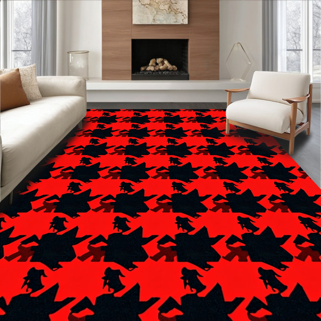 Bold Red Black Houndstooth Figures Rug