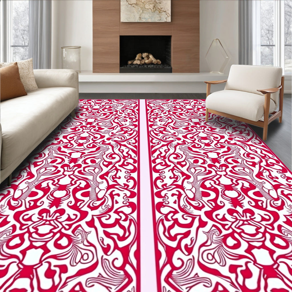 Red Ornate Symmetry Scrollwork Rug