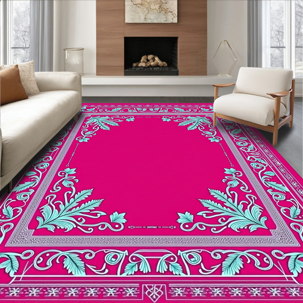Bright Pink Teal Floral Frame Rug