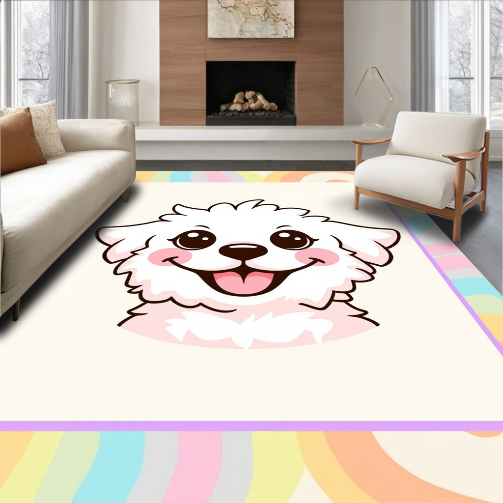 Kawaii White Fluffy Dog Pastel Waves Rug