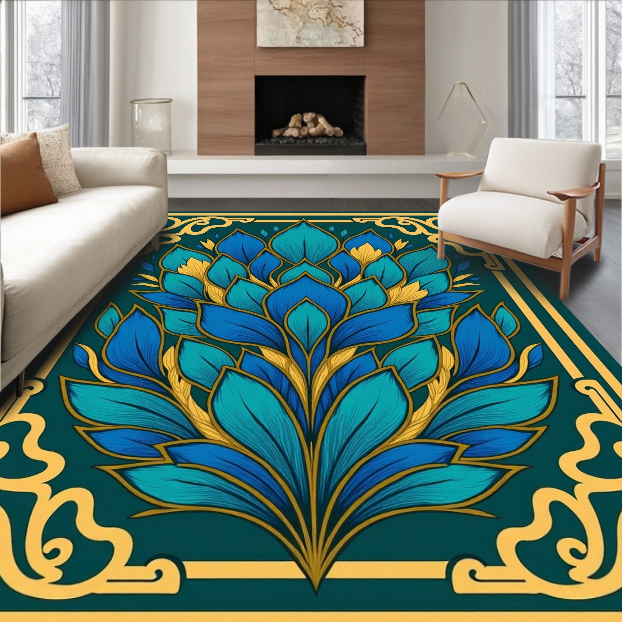 Luxe Teal Blue Golden Bloom Rug