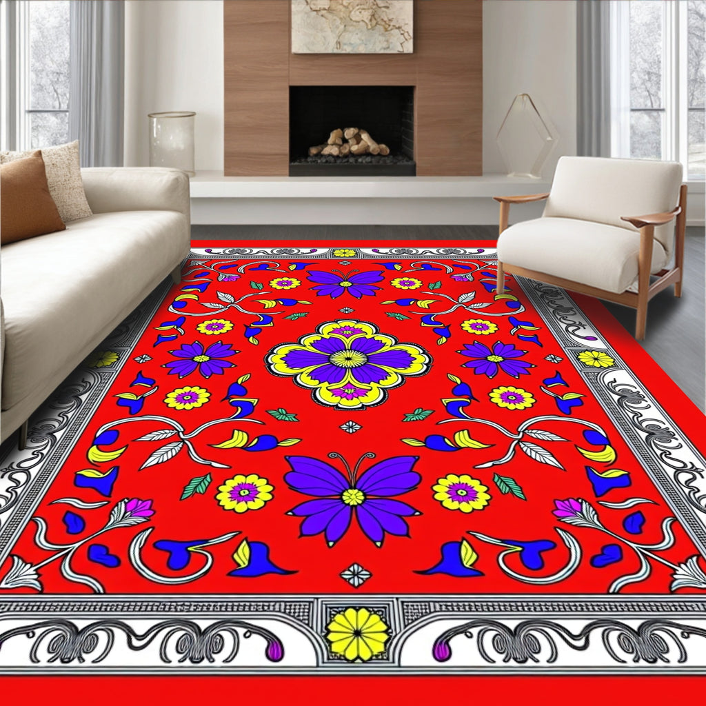 Vibrant Red Butterfly Garden Medallion Rug
