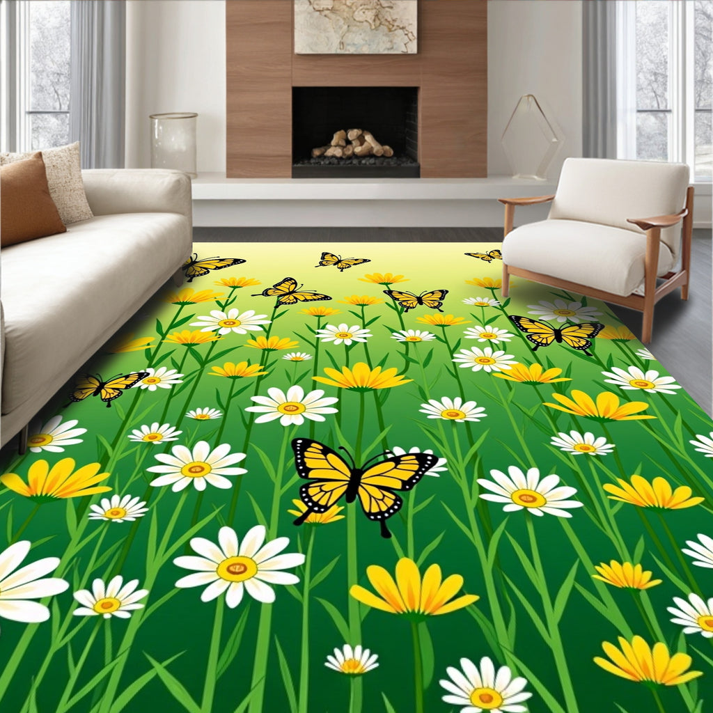 Whimsical Yellow Butterfly Meadow Rug