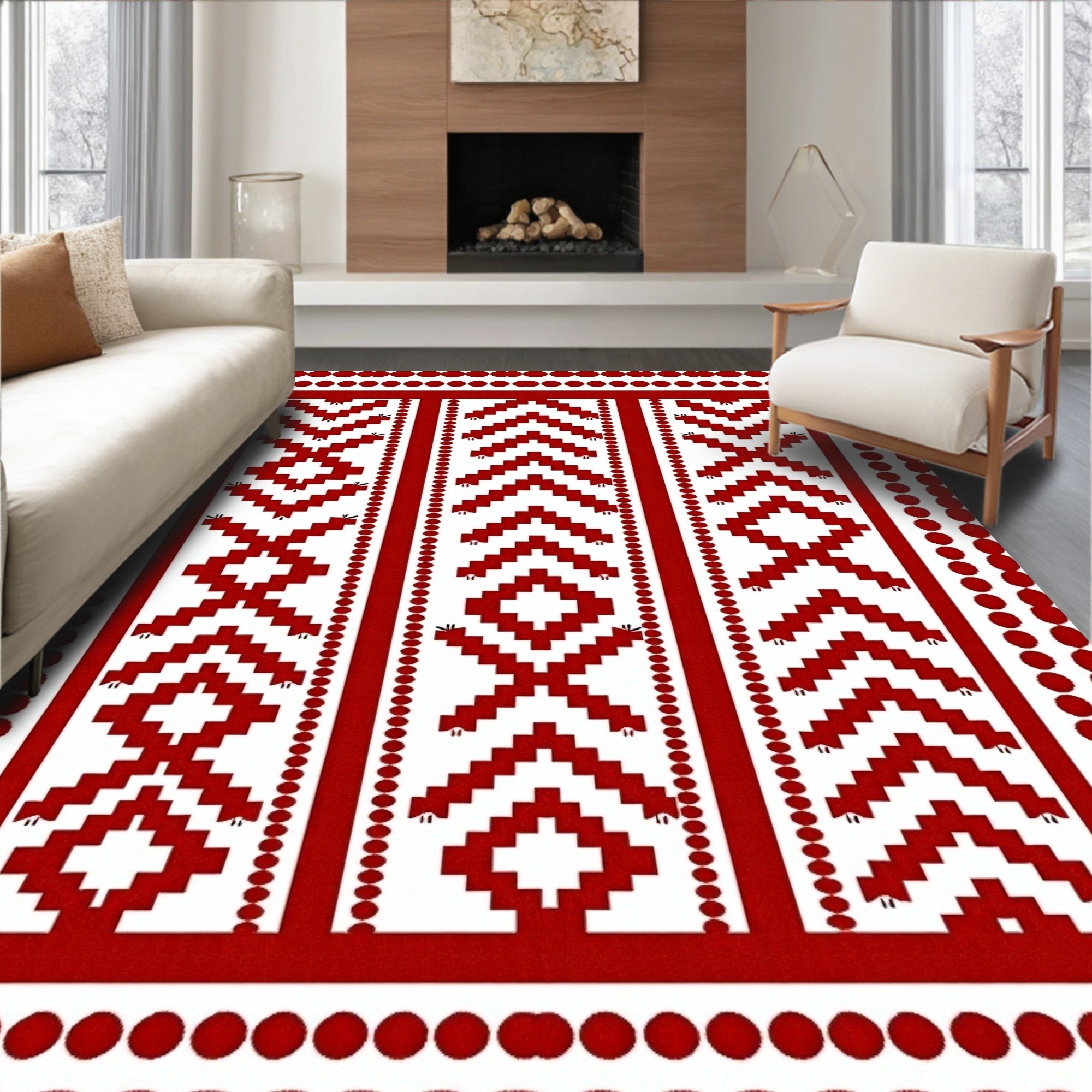Crimson Red Geometric Staircase Rug