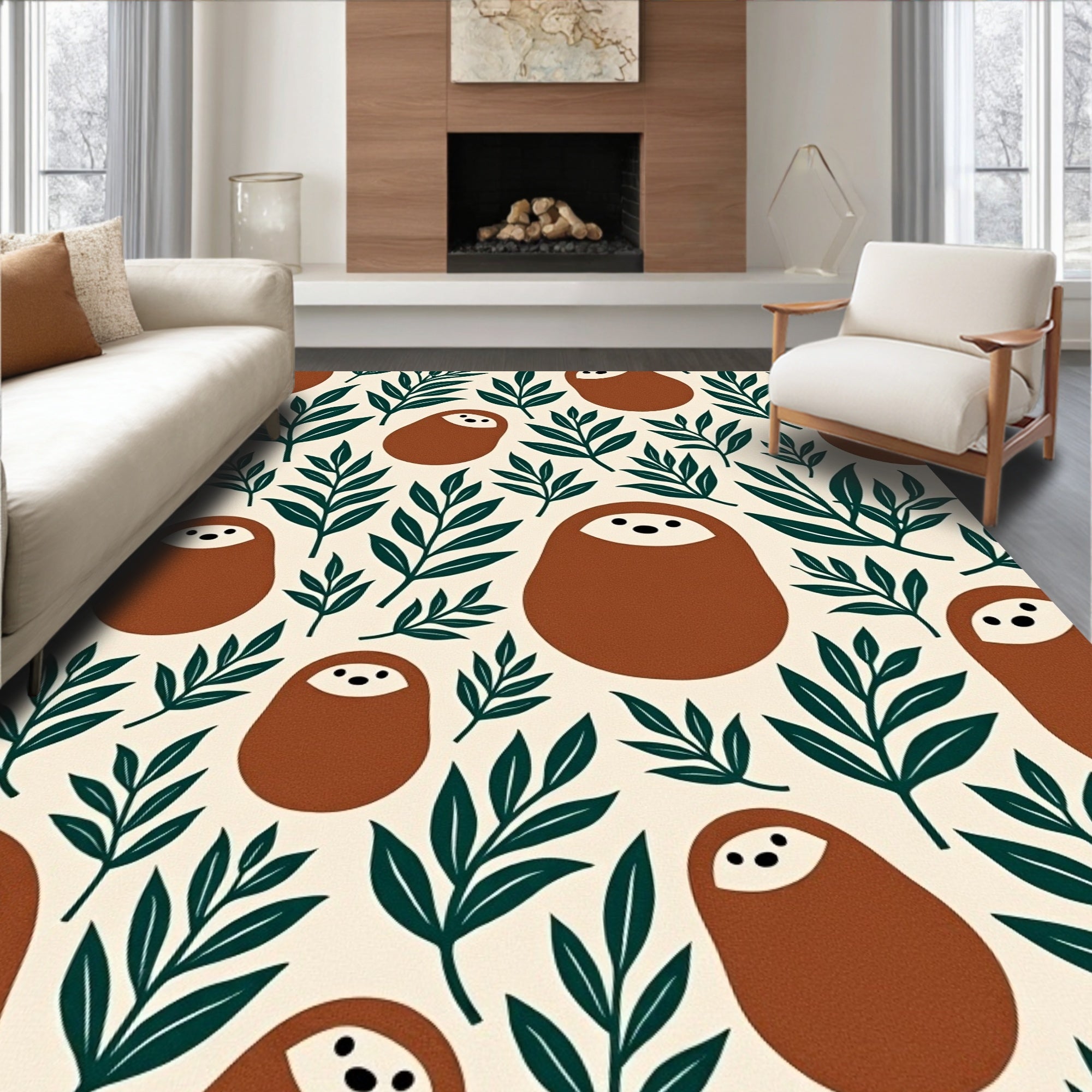 Brown Sloth Floral Cream Background Rug