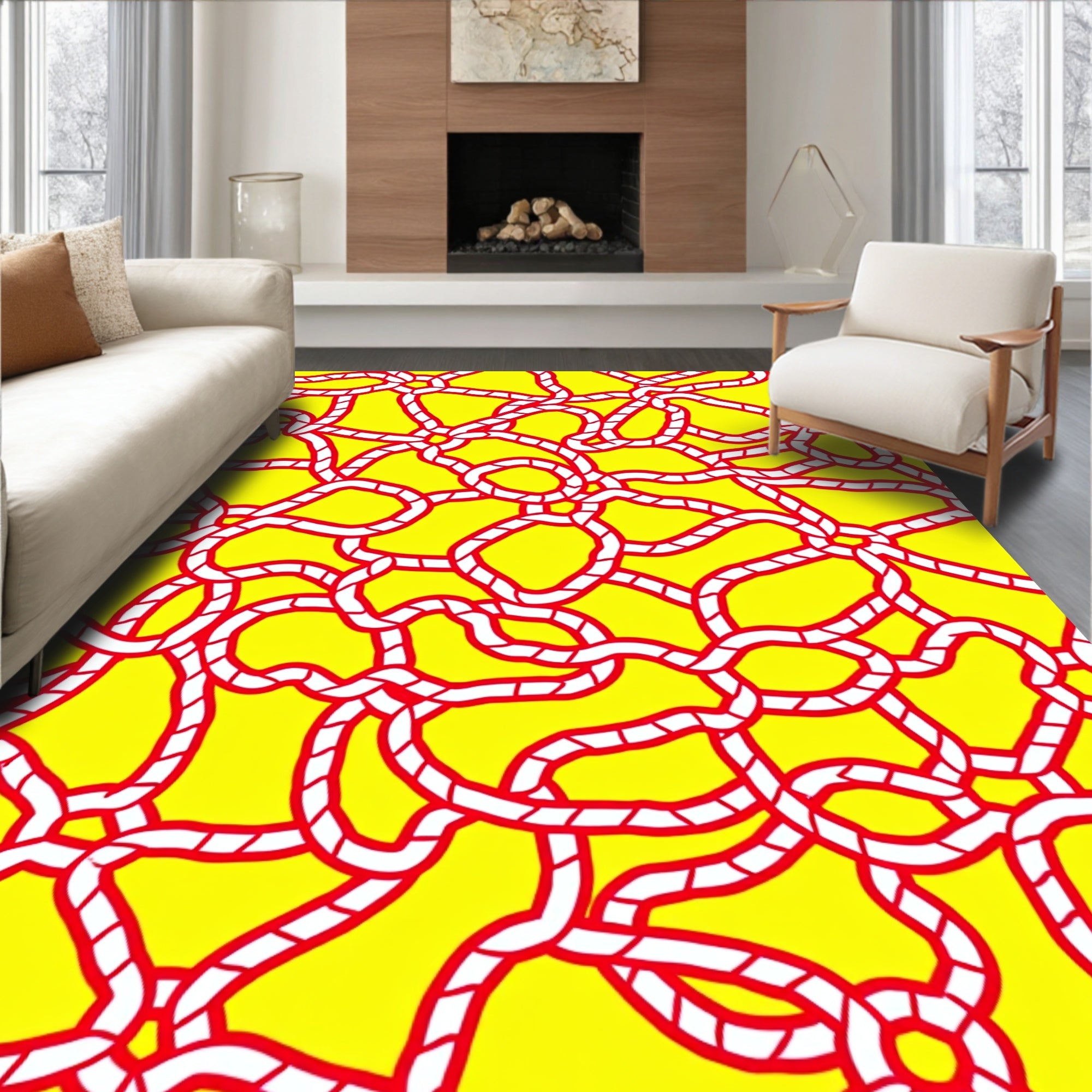 Bold Yellow Red Rope Maze Rug