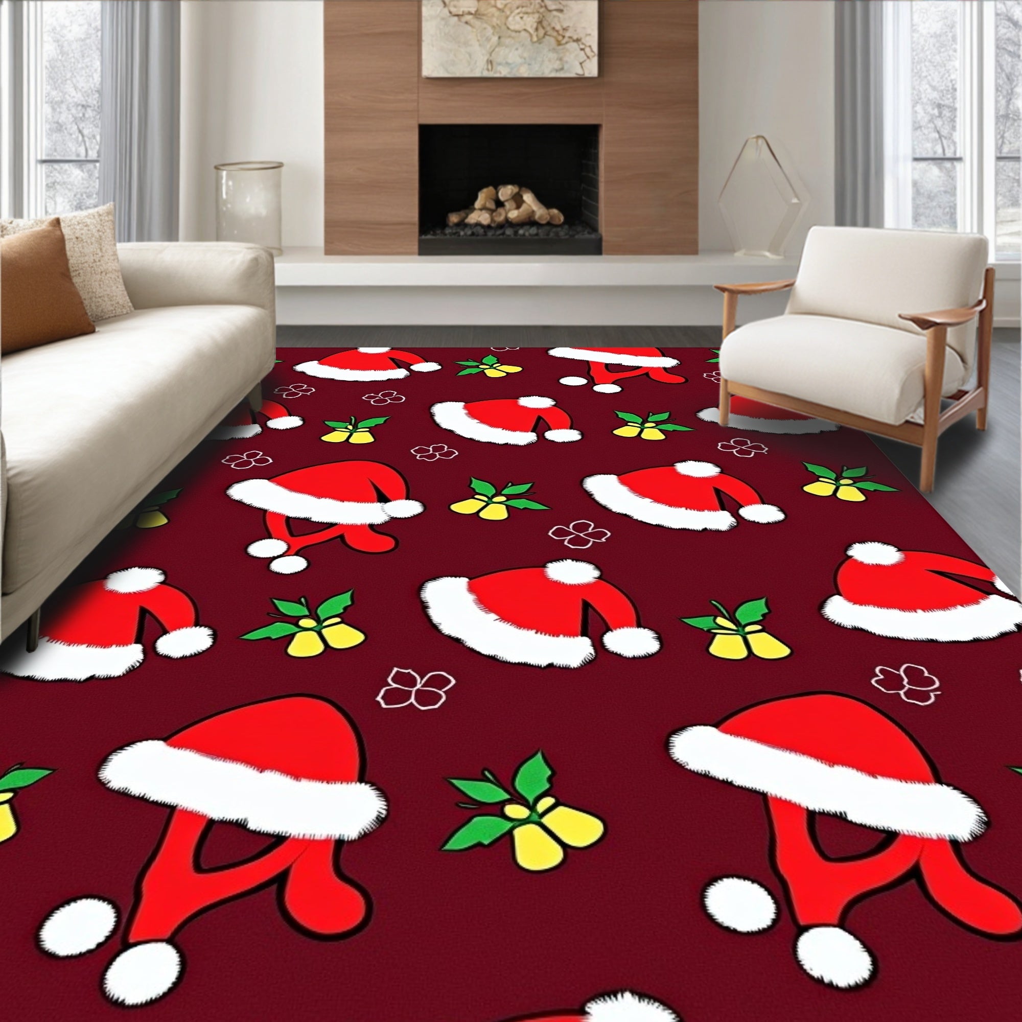 Crimson Santa Hats Holly Bells Repeating Rug