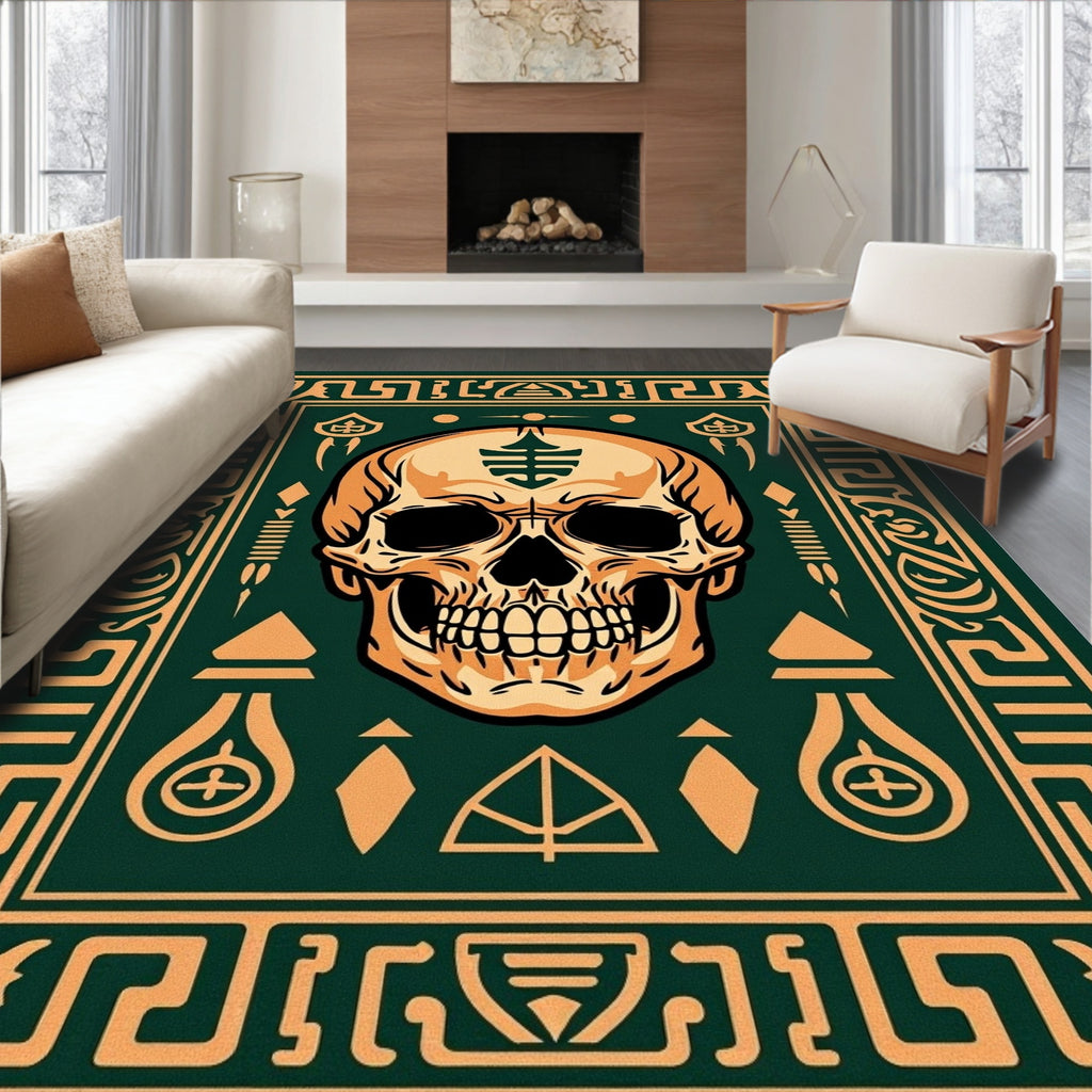 Dark Green Ornate Skull Medallion Rug