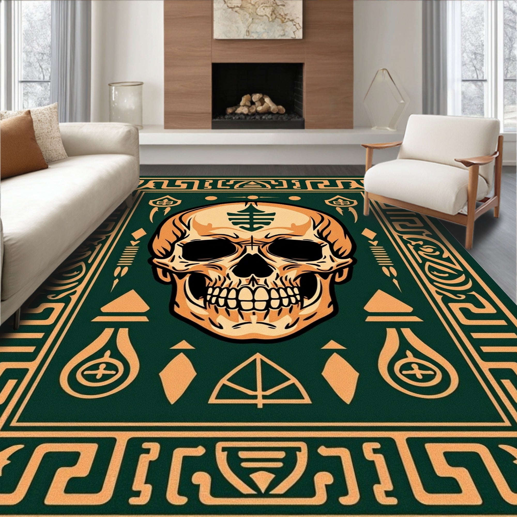 Dark Green Ornate Skull Medallion Rug
