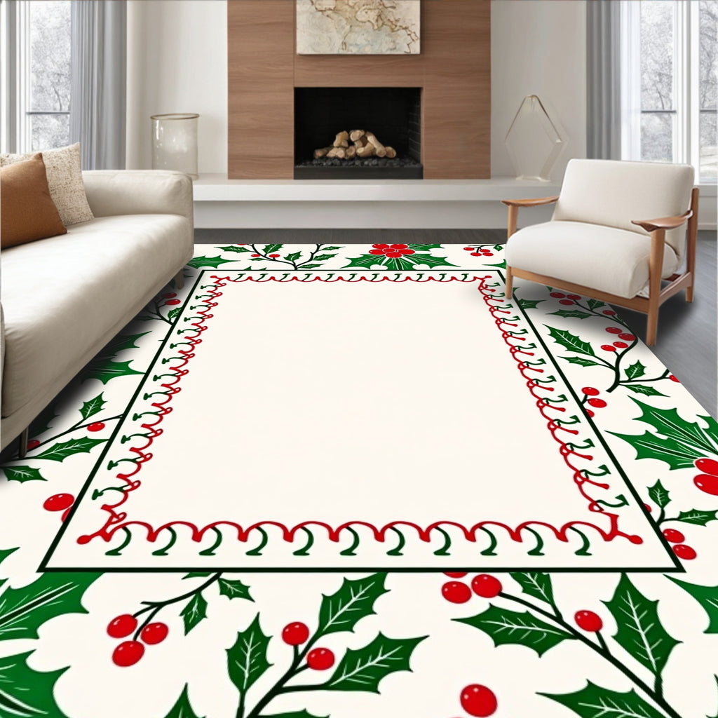 Festive Red Green Holly Berry Border Rug
