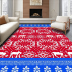 Red White Reindeer Snowflakes Border Rug