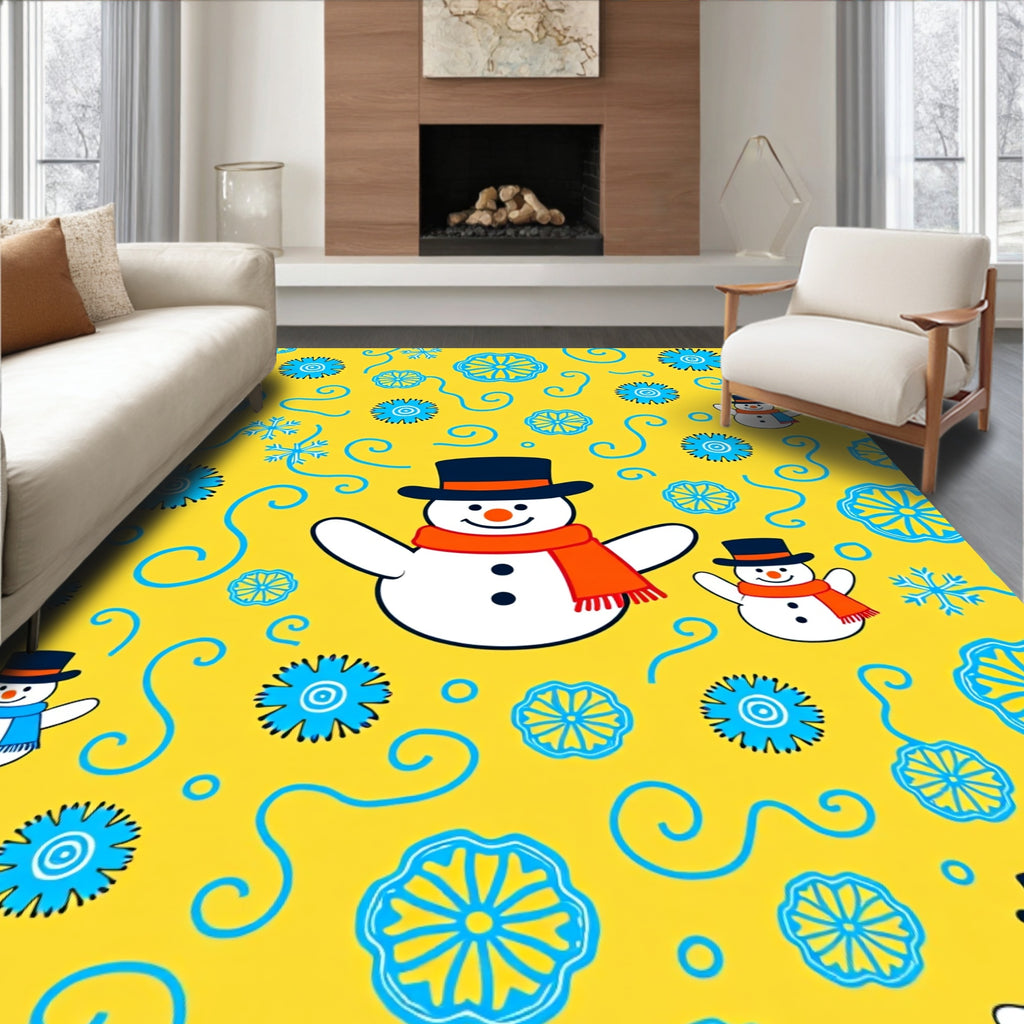 Cheery yellow snowman with blue snowflakes Rug