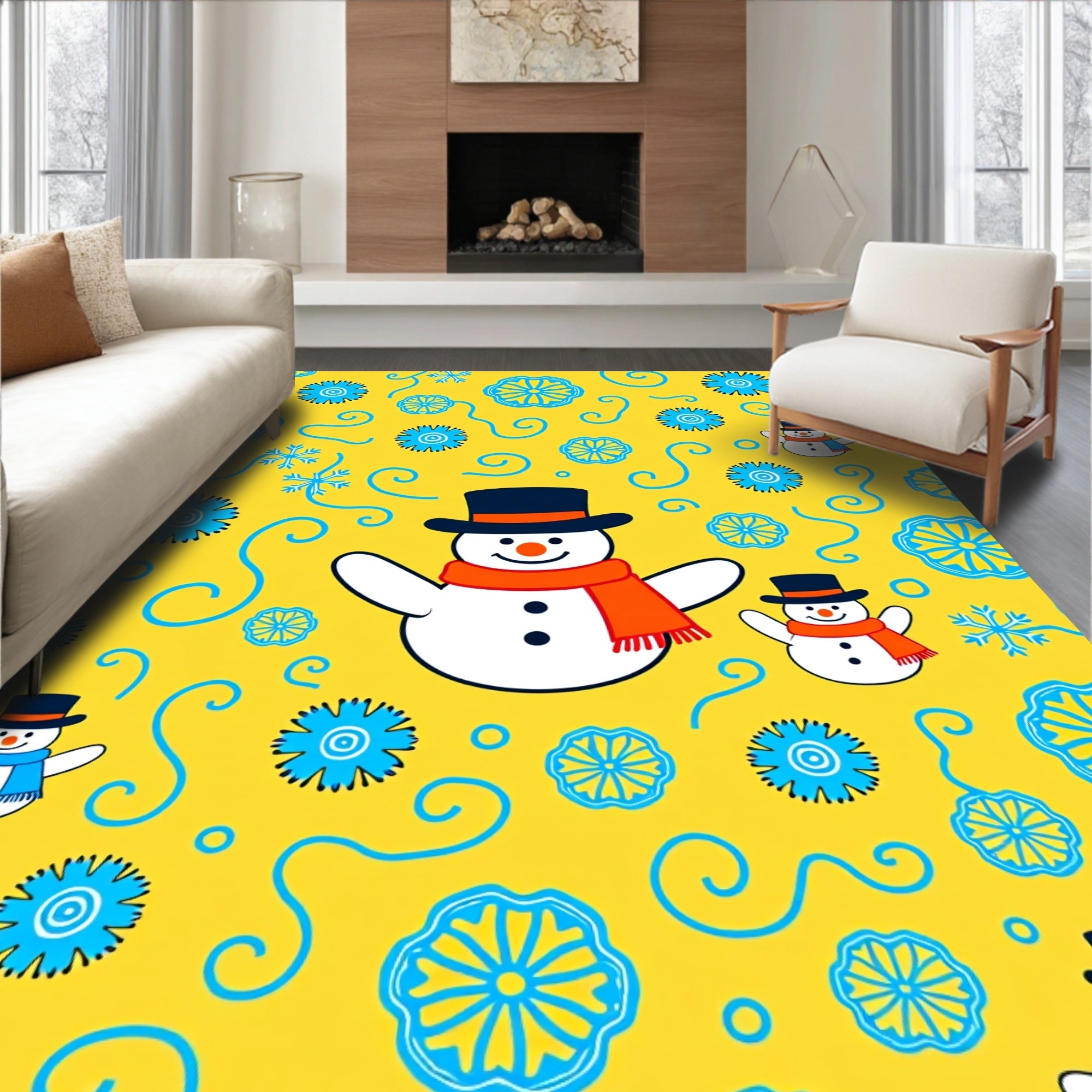Cheery yellow snowman with blue snowflakes Rug
