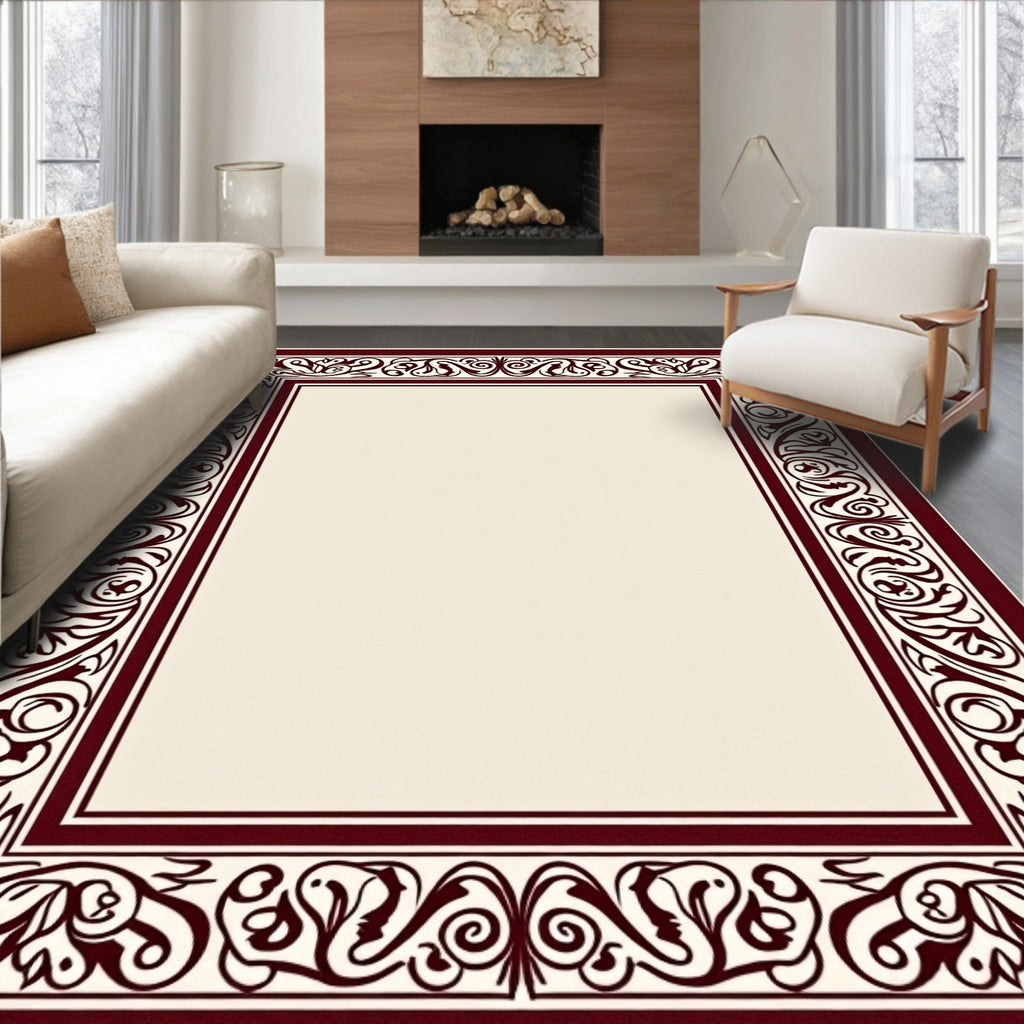 Deep Burgundy Ornate Scroll Border Rug